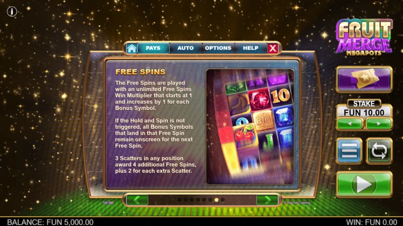 Fruit Merge Megapots - ข้อมูลเกี่ยวกับ Free Spins และตัวคูณ