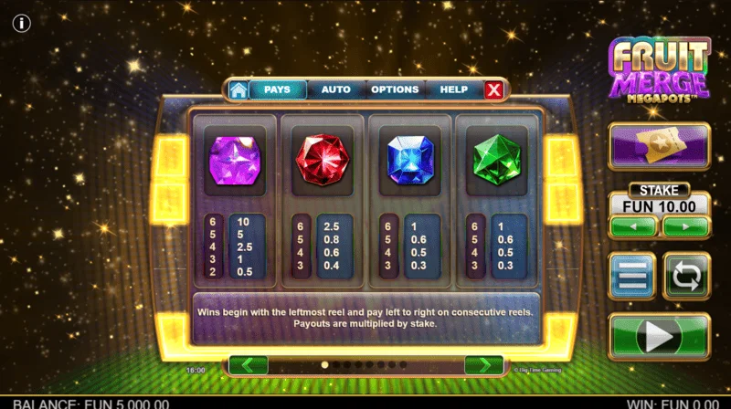 Fruit Merge Megapots - ตารางการจ่ายเงินบนหน้าจอหลัก